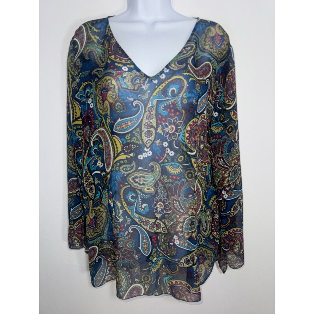Chicos Karly Tunic Blue Multicolor Paisley Sheer Silk V-Neck Blouse Women 2/ L